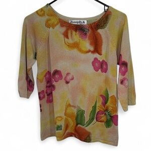 Vintage Silk Blend Floral 3/4 Sleeve Top with Pink and Orange Accents - Size XL